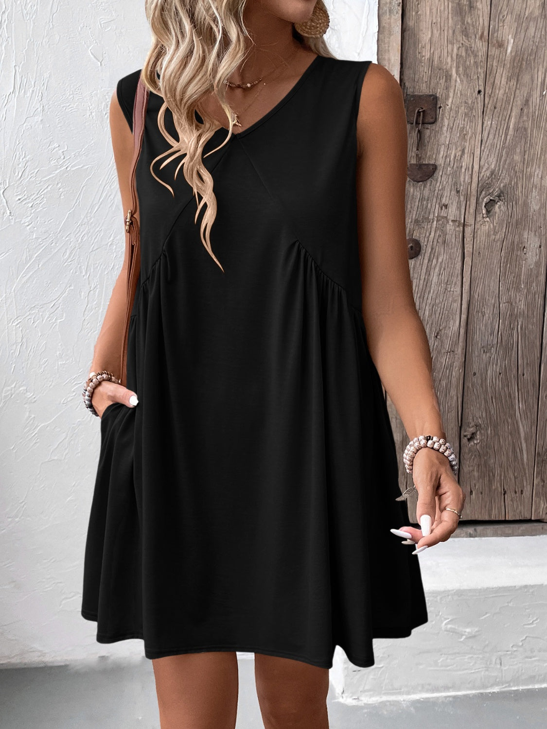 Ivy Lane Ruched V-Neck Sleeveless Mini Dress - Classique Collection