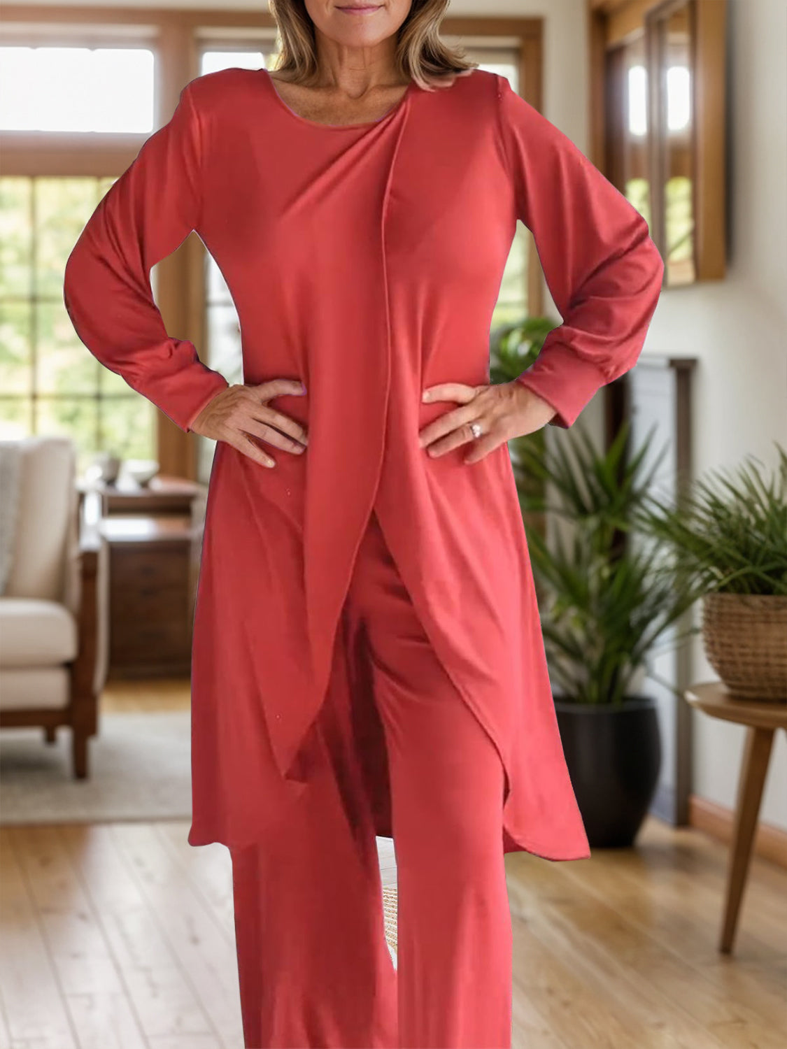 Full Size Slit Round Neck Long Sleeve Top and Pants Set - ClassiQ