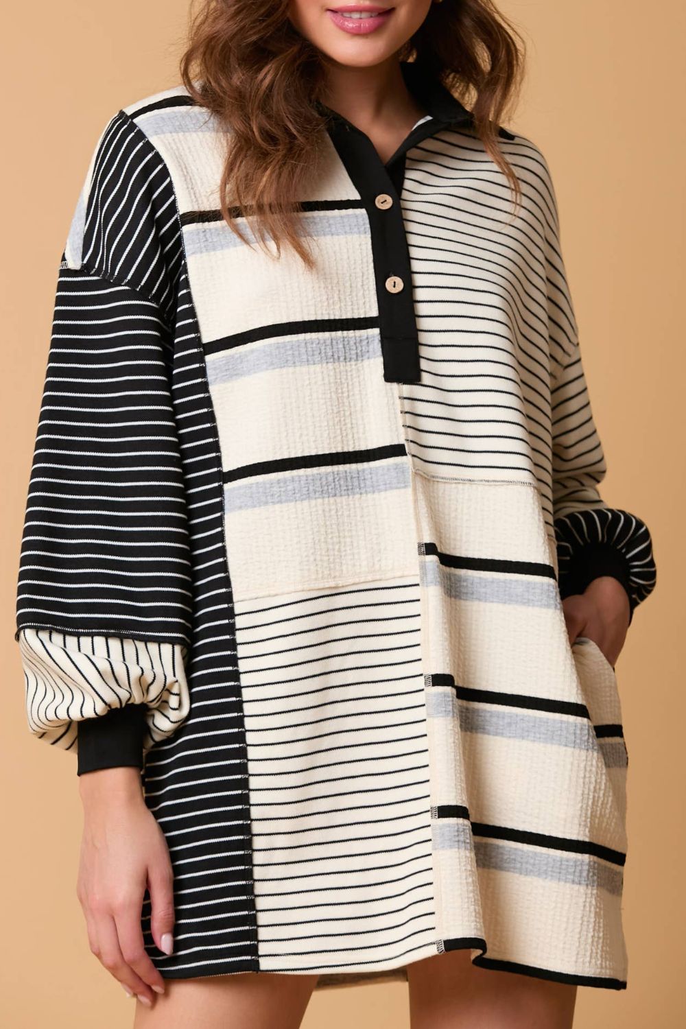 Striped Patchwork Long Sleeve Mini Dress - Classique Collection