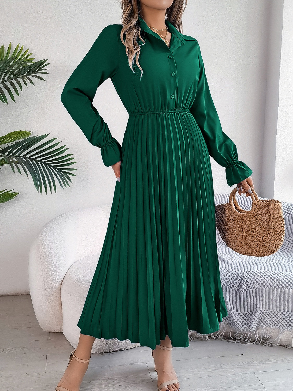 Pleated Half Button Long Sleeve Midi Dress - Classique Collection
