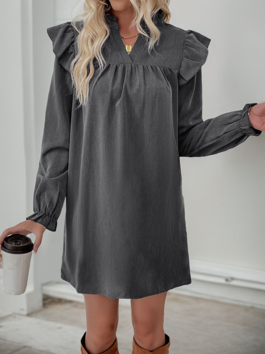 Perfee Ruffled Notched Long Sleeve Mini Dress - Classique Collection
