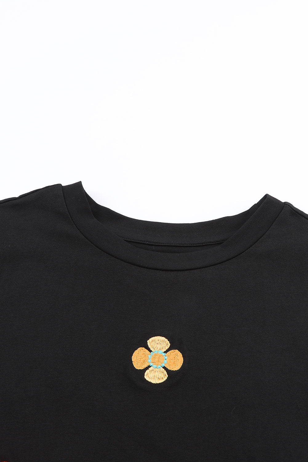 Embroidered Flower Round Neck Puff Sleeve Top - Classique Collection