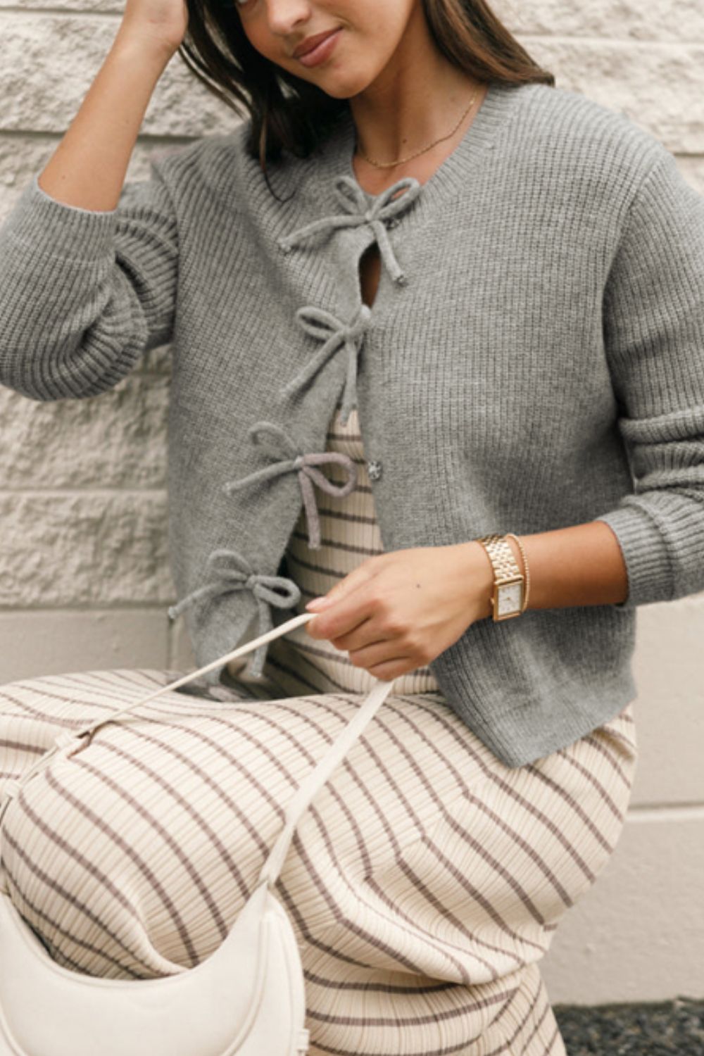 Bow Round Neck Long Sleeve Cardigan - ClassiQ