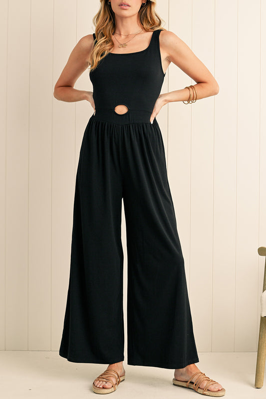 Black Solid Color Cutout Wide Leg Jumpsuit - ClassiQ