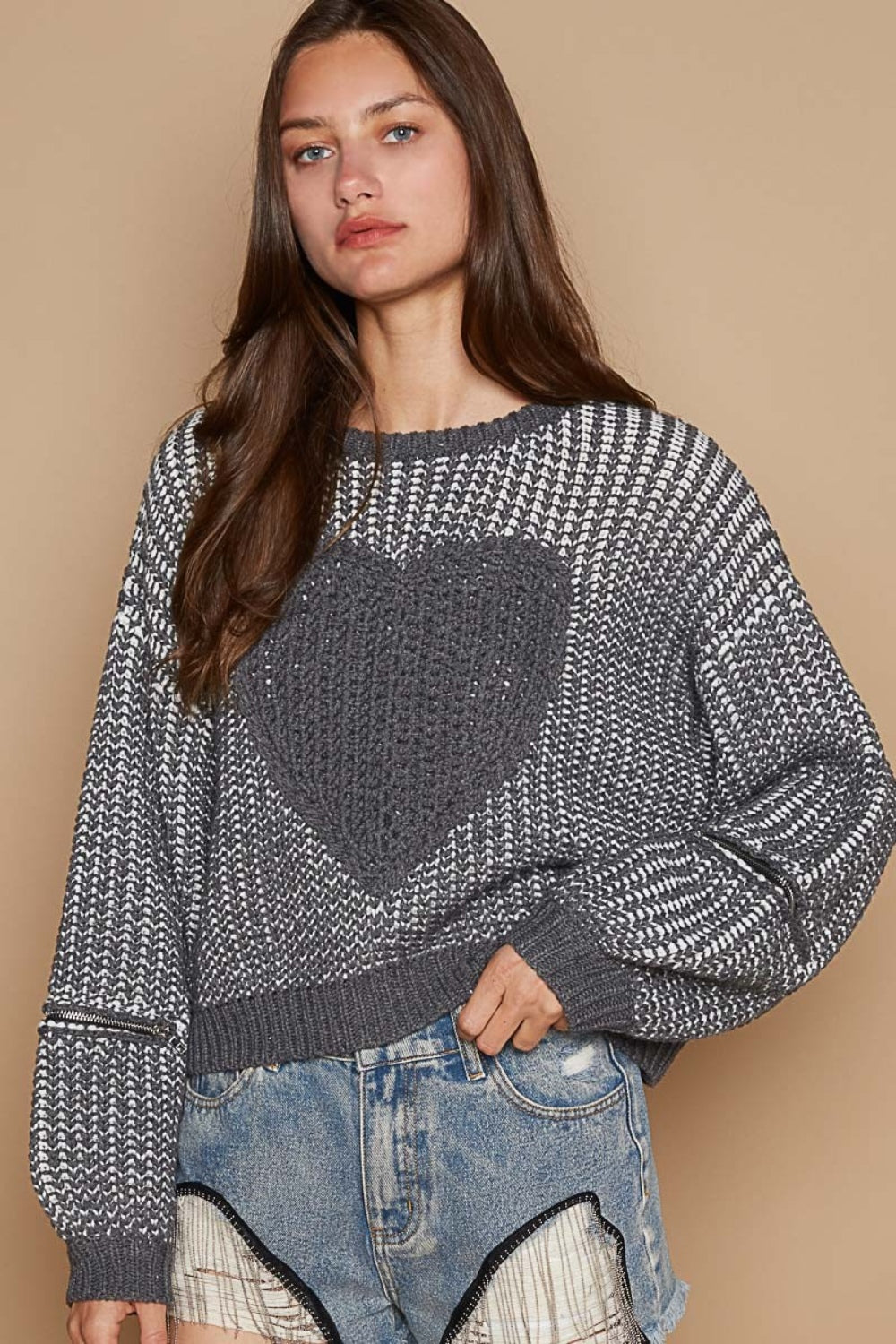 POL Round Neck Heart Patch Zipper Point Sleeve Sweater - ClassiQ