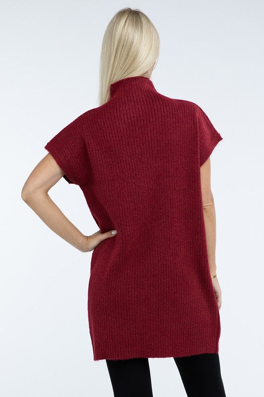 Mock Neck Short Sleeve Sweater Dress with Pocket - Classique Collection