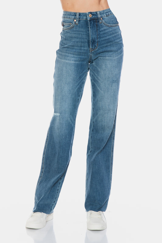 Judy Blue Full Size Tummy Control Cut Raw Hem Straight Jeans - Classique Collection