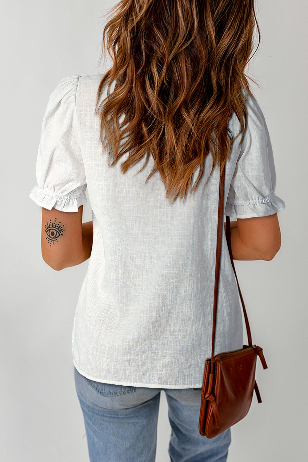 Embroidered Notched Neck Flounce Sleeve Top - Classique Collection