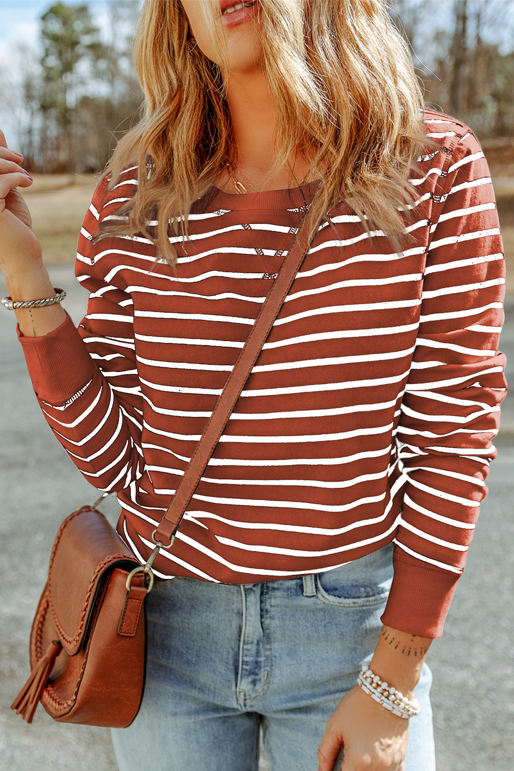Striped Long Sleeve Round Neck Top - ClassiQ