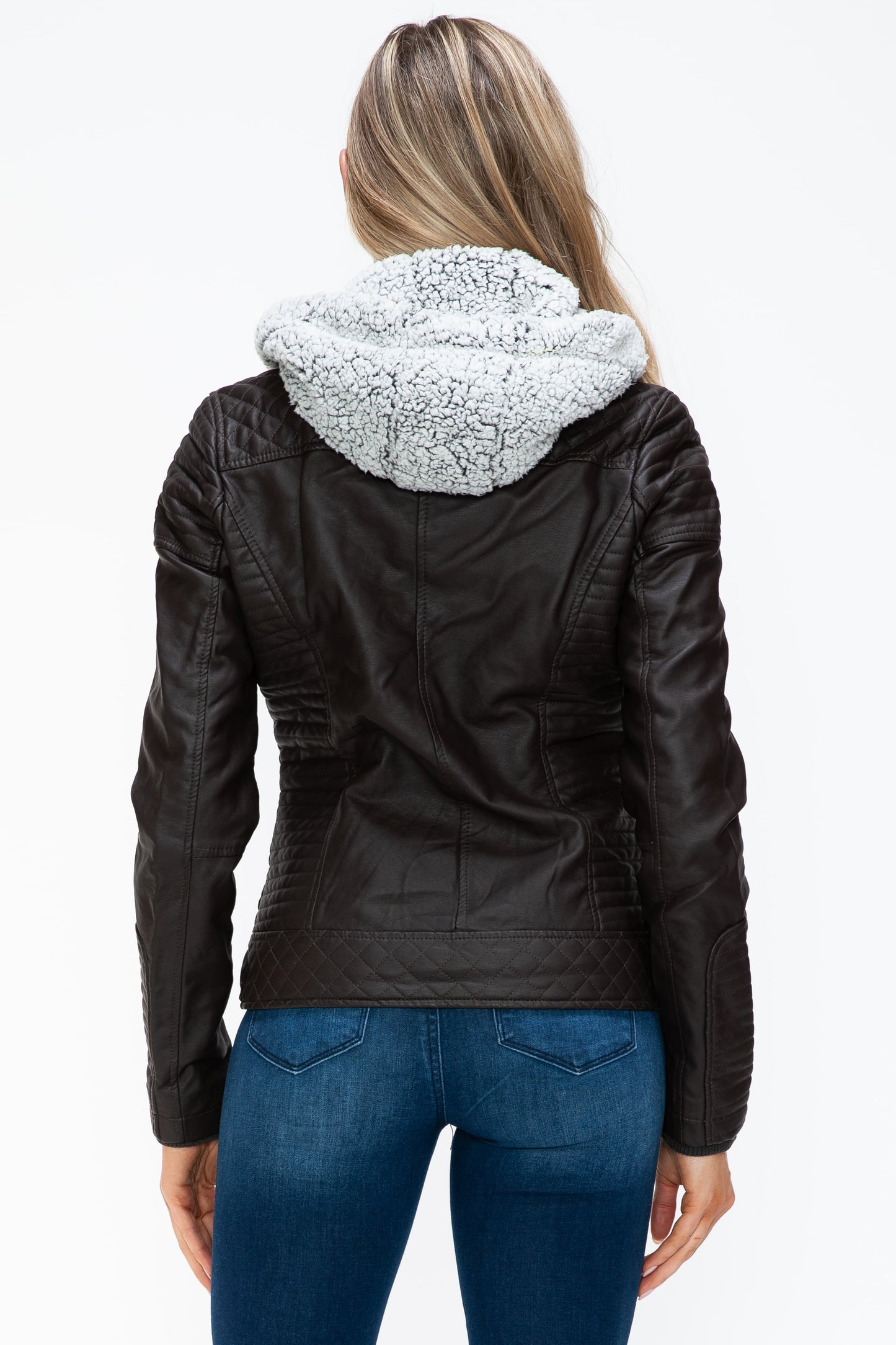 YMI Faux Layered Double-Zipper Jacket with Fuzzy Hood - ClassiQ