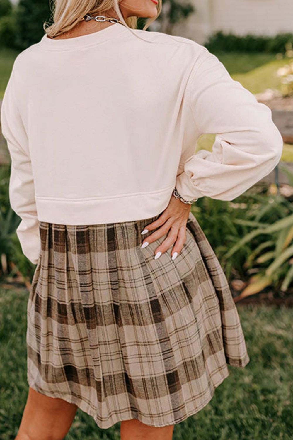 Plaid Round Neck Long Sleeve Mini Dress - Classique Collection