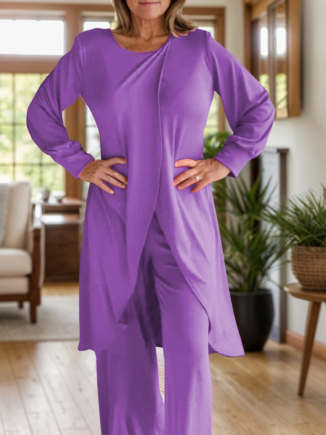 Full Size Slit Round Neck Long Sleeve Top and Pants Set - ClassiQ