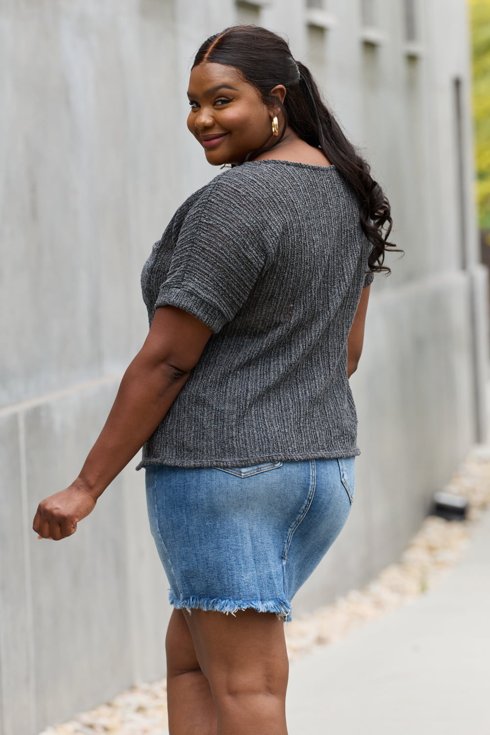 e.Luna Full Size Chunky Knit Short Sleeve Top in Gray - Classique Collection