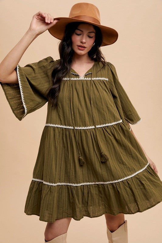 Annie Wear Tassel Contrast Trim Tie Neck Half Sleeve Tiered Dress - ClassiQ
