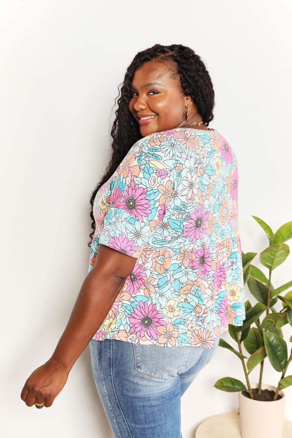 Double Take Floral Round Neck Babydoll Top - Classique Collection