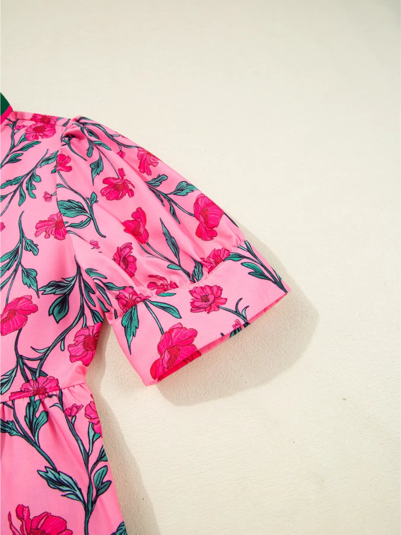 Floral Contrast Neckline A - line Puff Sleeve Dress