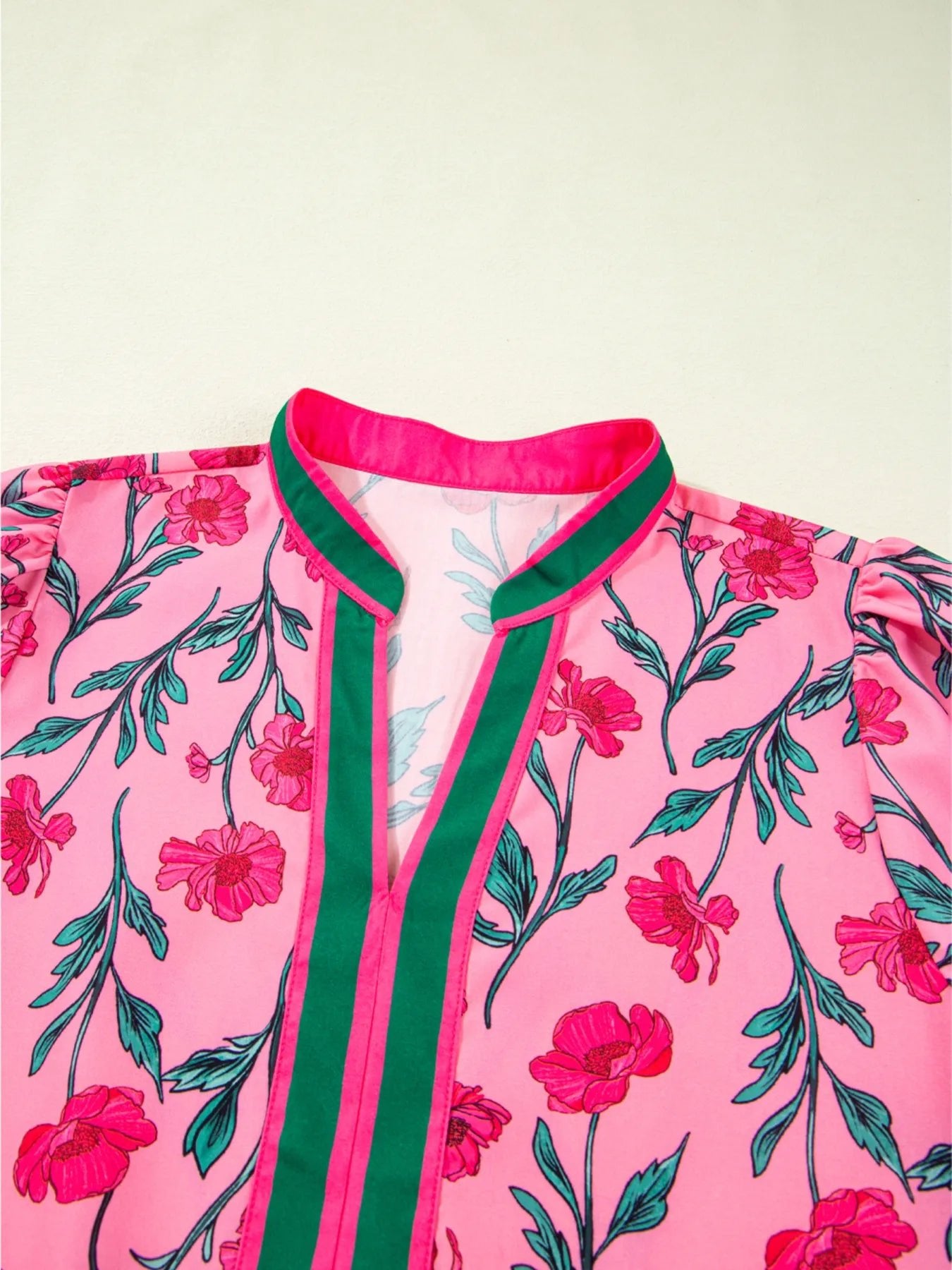 Floral Contrast Neckline A - line Puff Sleeve Dress