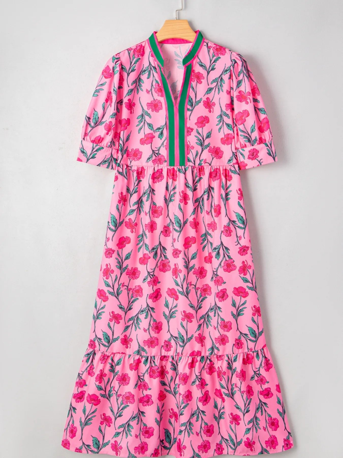 Floral Contrast Neckline A - line Puff Sleeve Dress