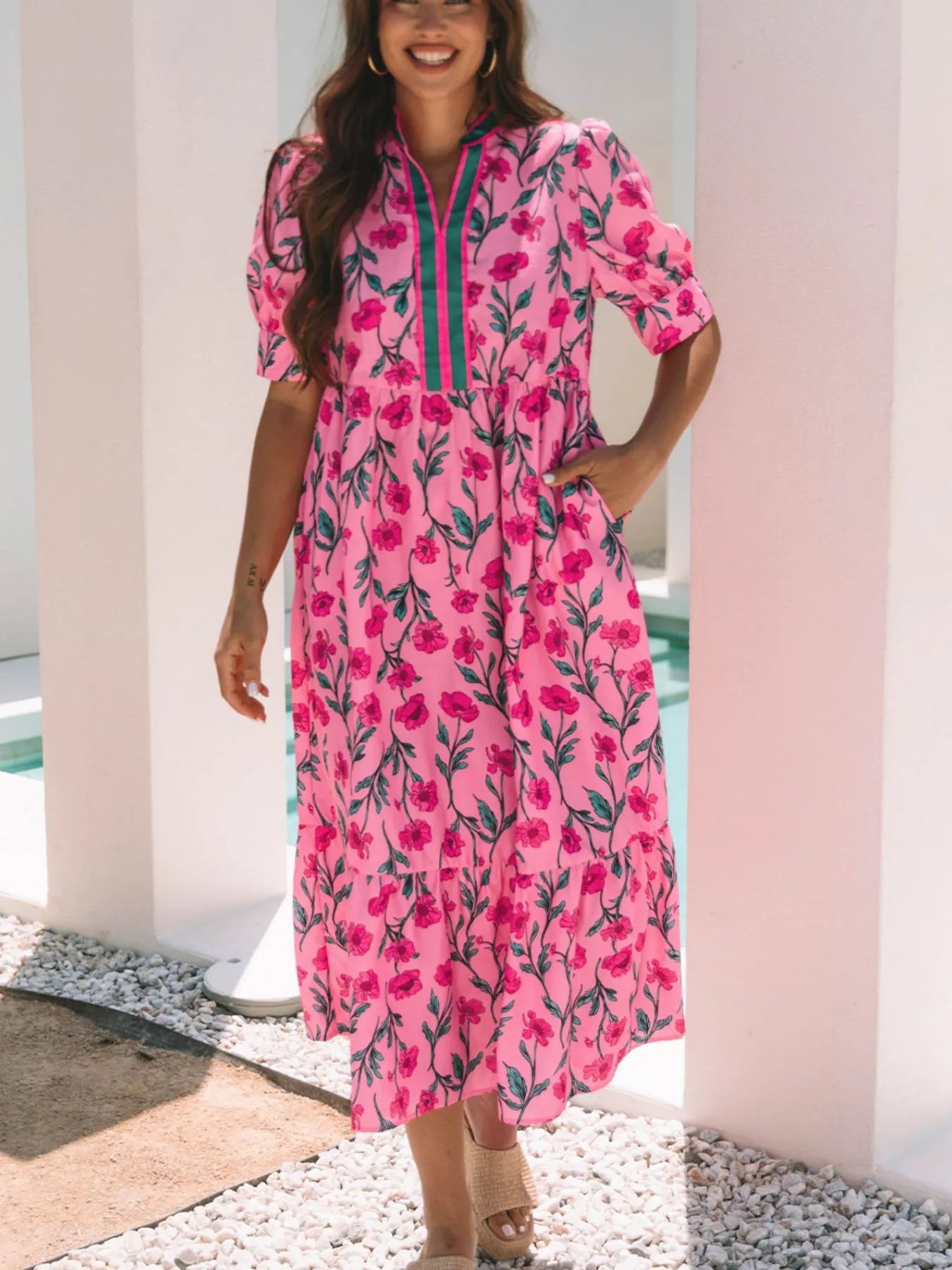 Floral Contrast Neckline A - line Puff Sleeve Dress