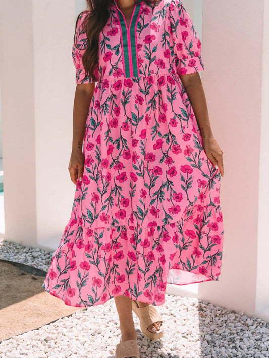 Floral Contrast Neckline A - line Puff Sleeve Dress