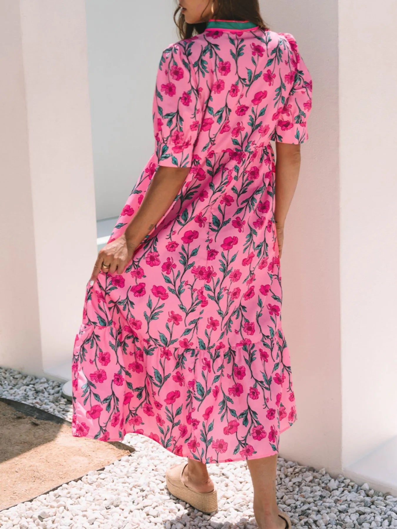 Floral Contrast Neckline A - line Puff Sleeve Dress