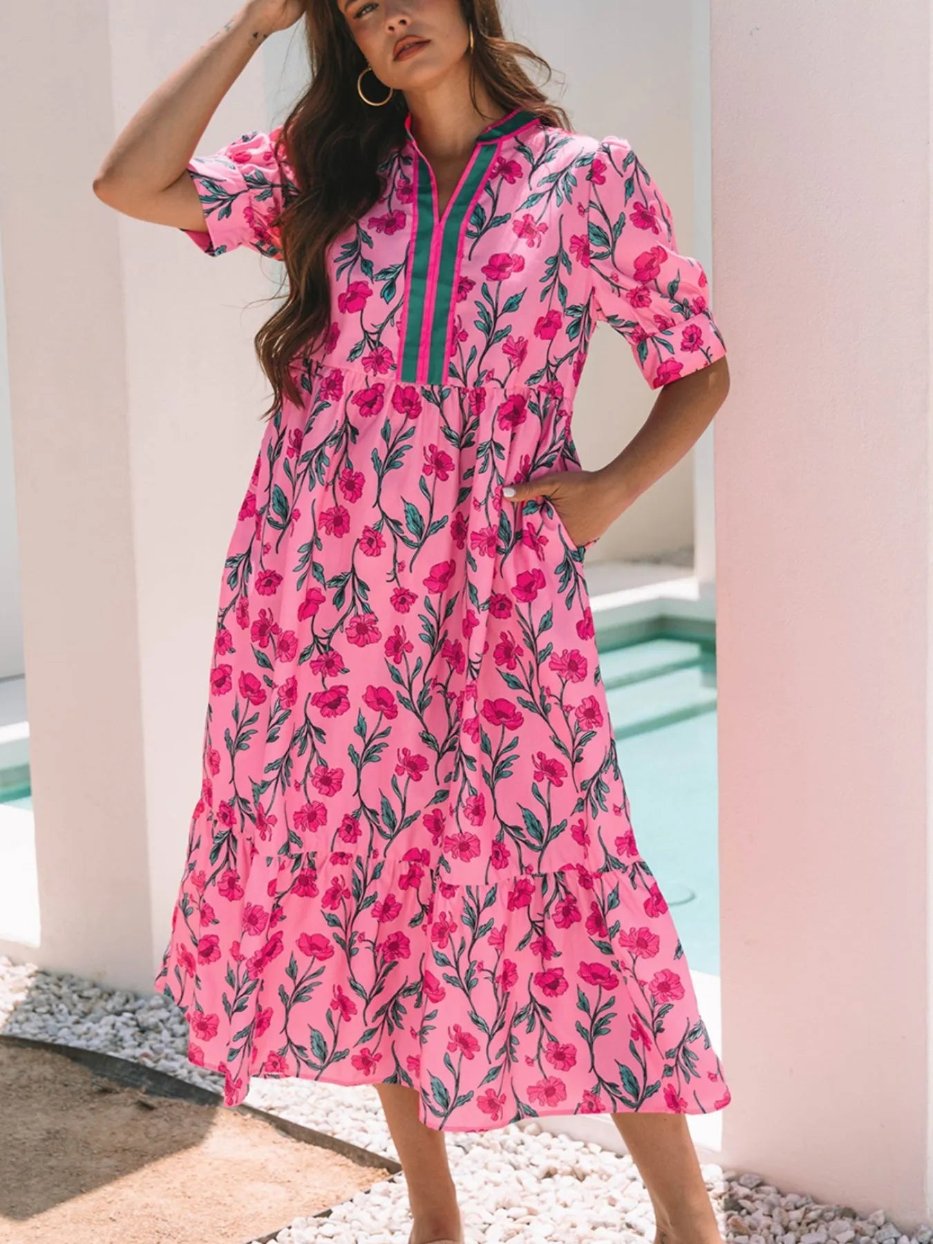 Floral Contrast Neckline A - line Puff Sleeve Dress