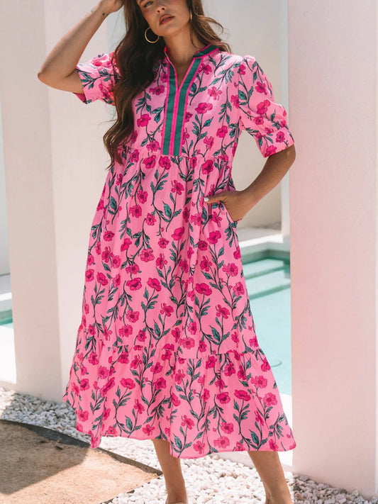 Floral Contrast Neckline A - line Puff Sleeve Dress