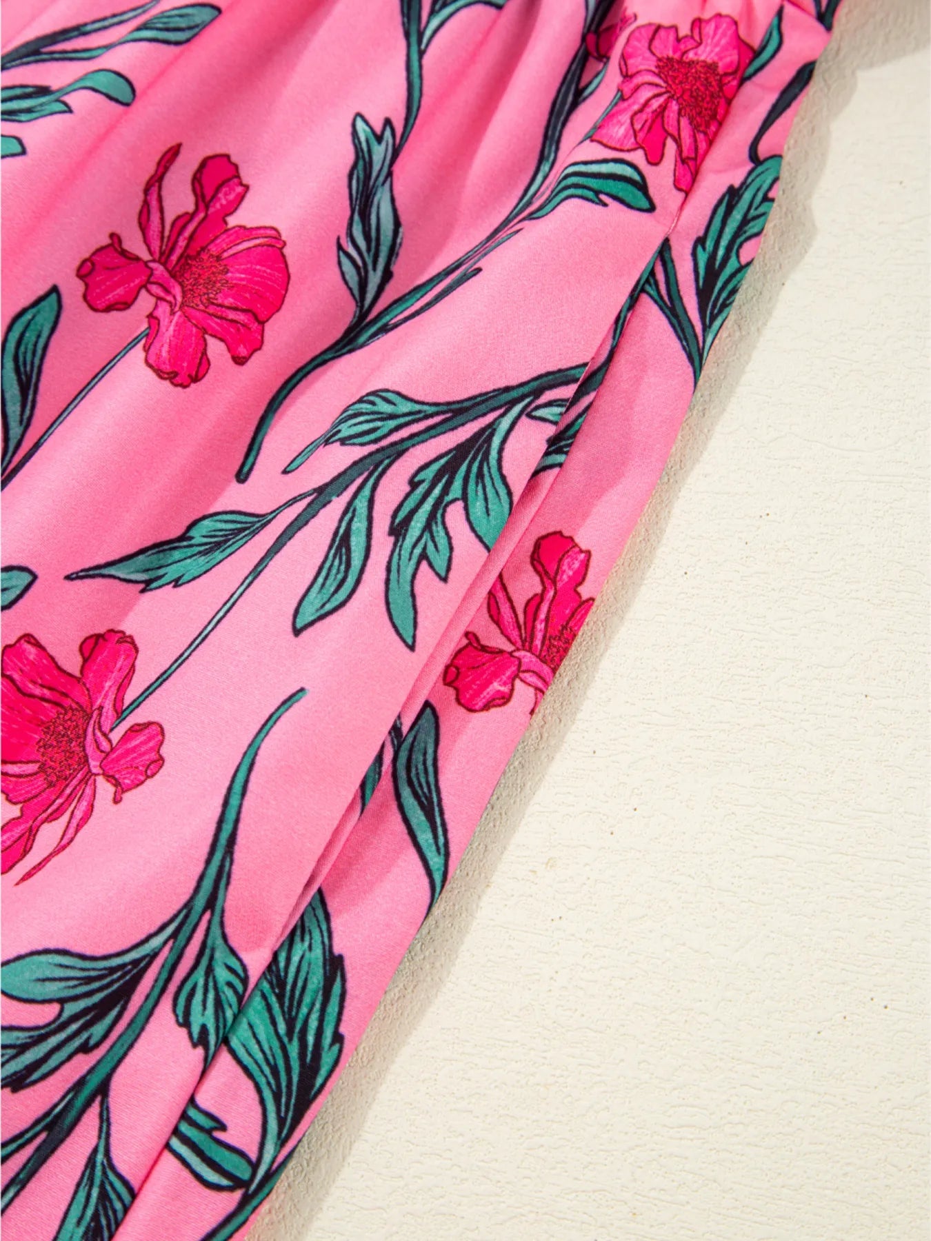 Floral Contrast Neckline A - line Puff Sleeve Dress