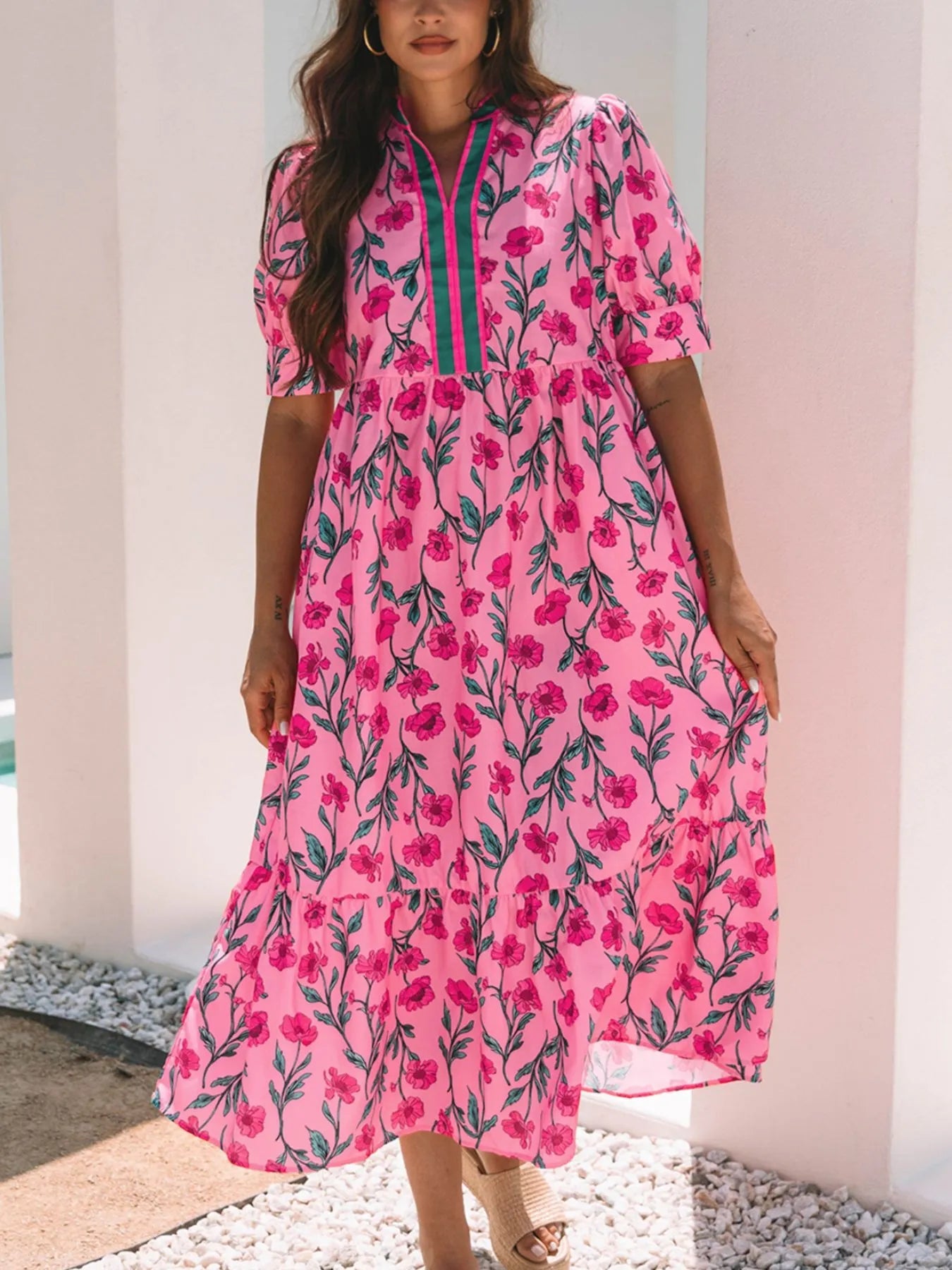 Floral Contrast Neckline A - line Puff Sleeve Dress