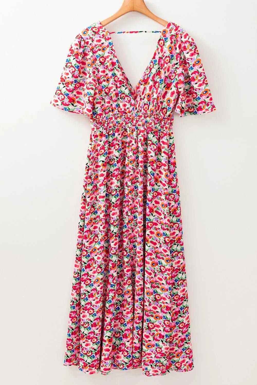 Floral Half Sleeve Deep V Neck Cutout Back Maxi Dress