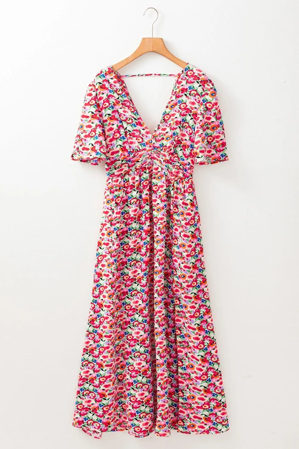 Floral Half Sleeve Deep V Neck Cutout Back Maxi Dress