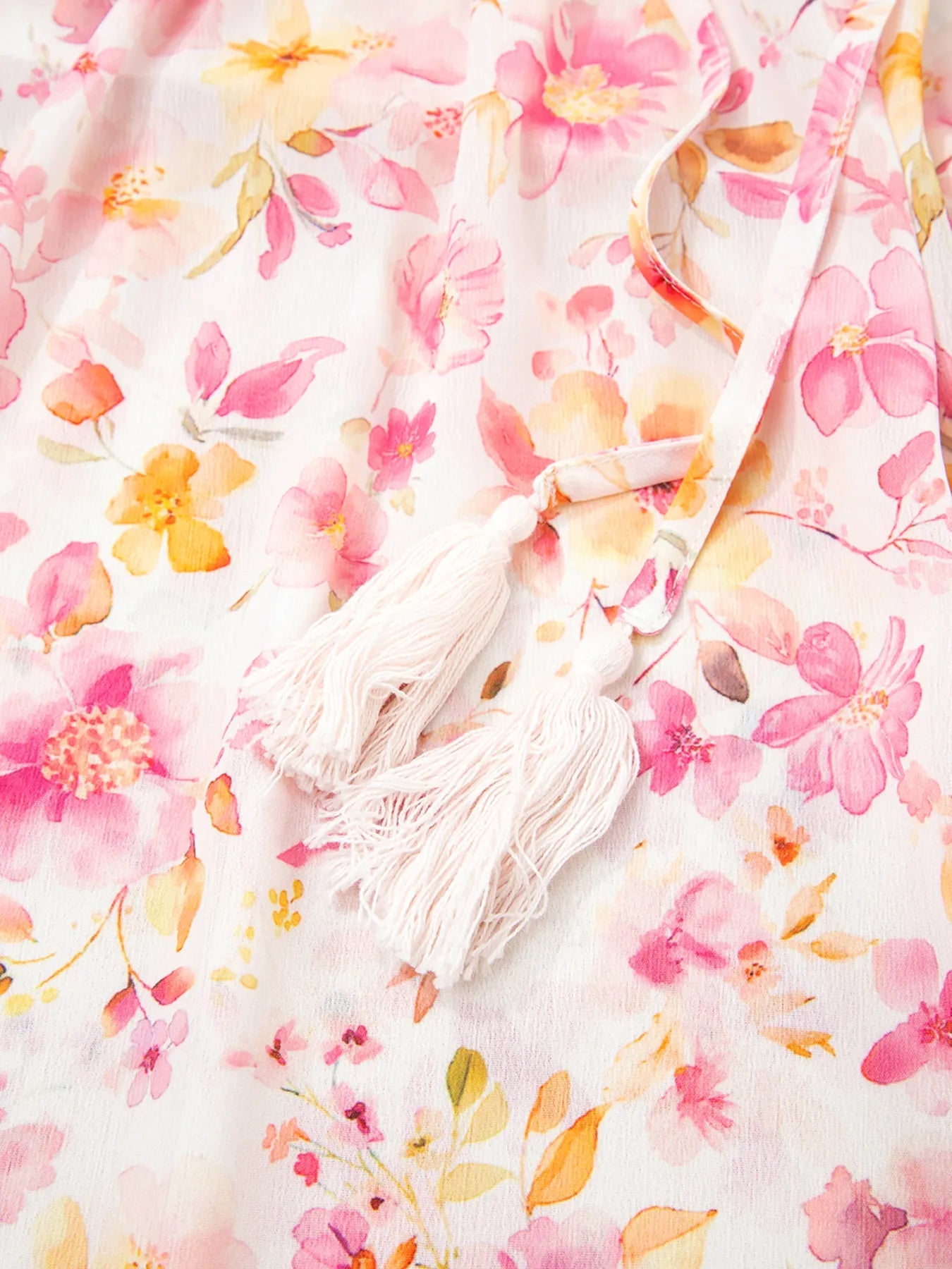 Floral Print Tassel Tie Smocked Puff Sleeve Blouse
