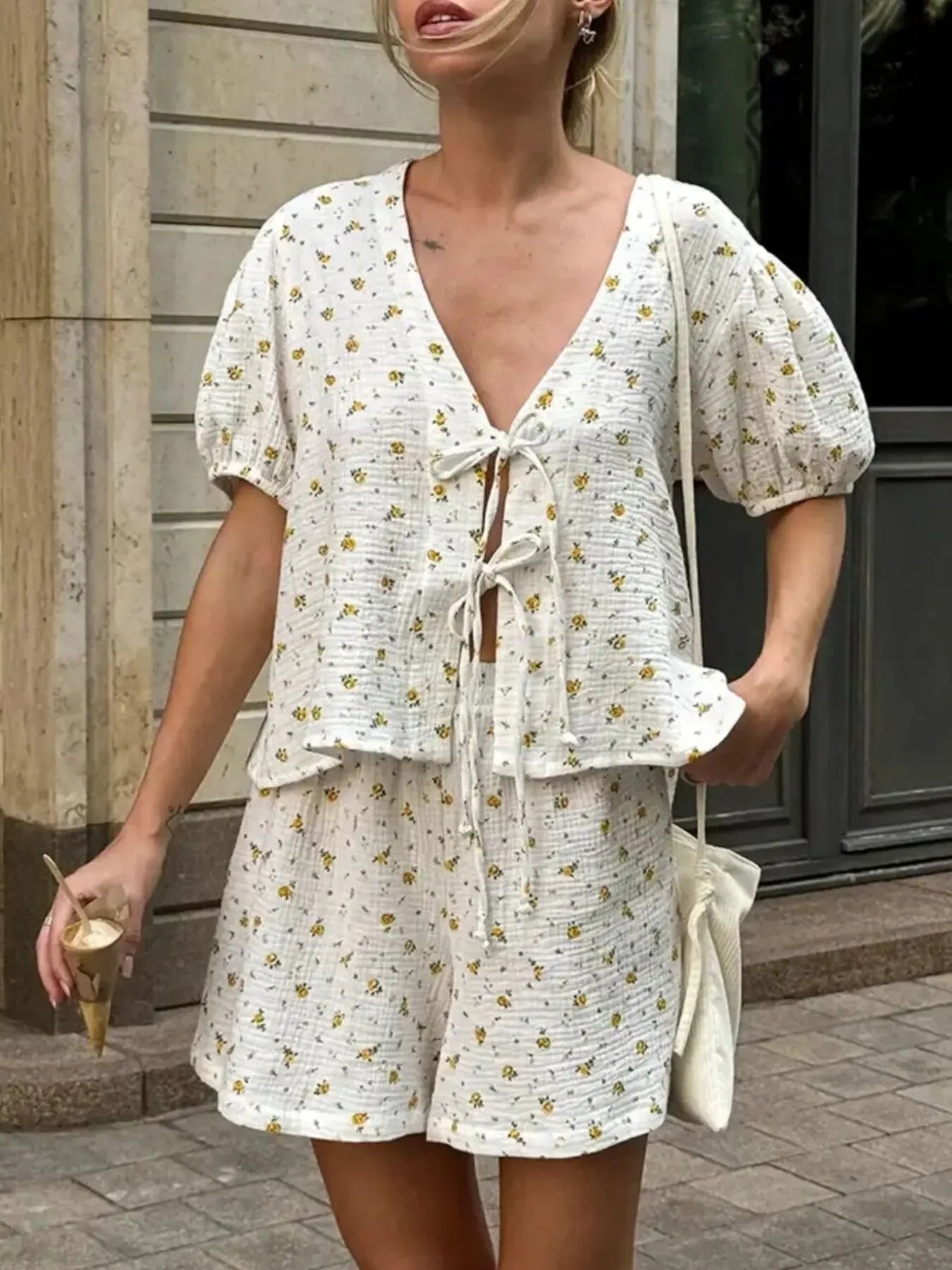 Floral Print Tie - Front Top and Shorts Set