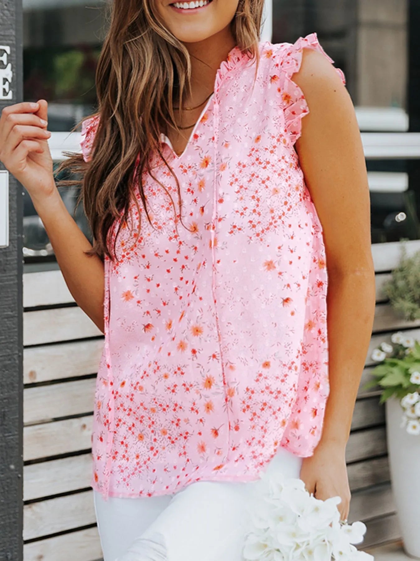 Floral Ruffle Tie Neck Sleeveless Blouse