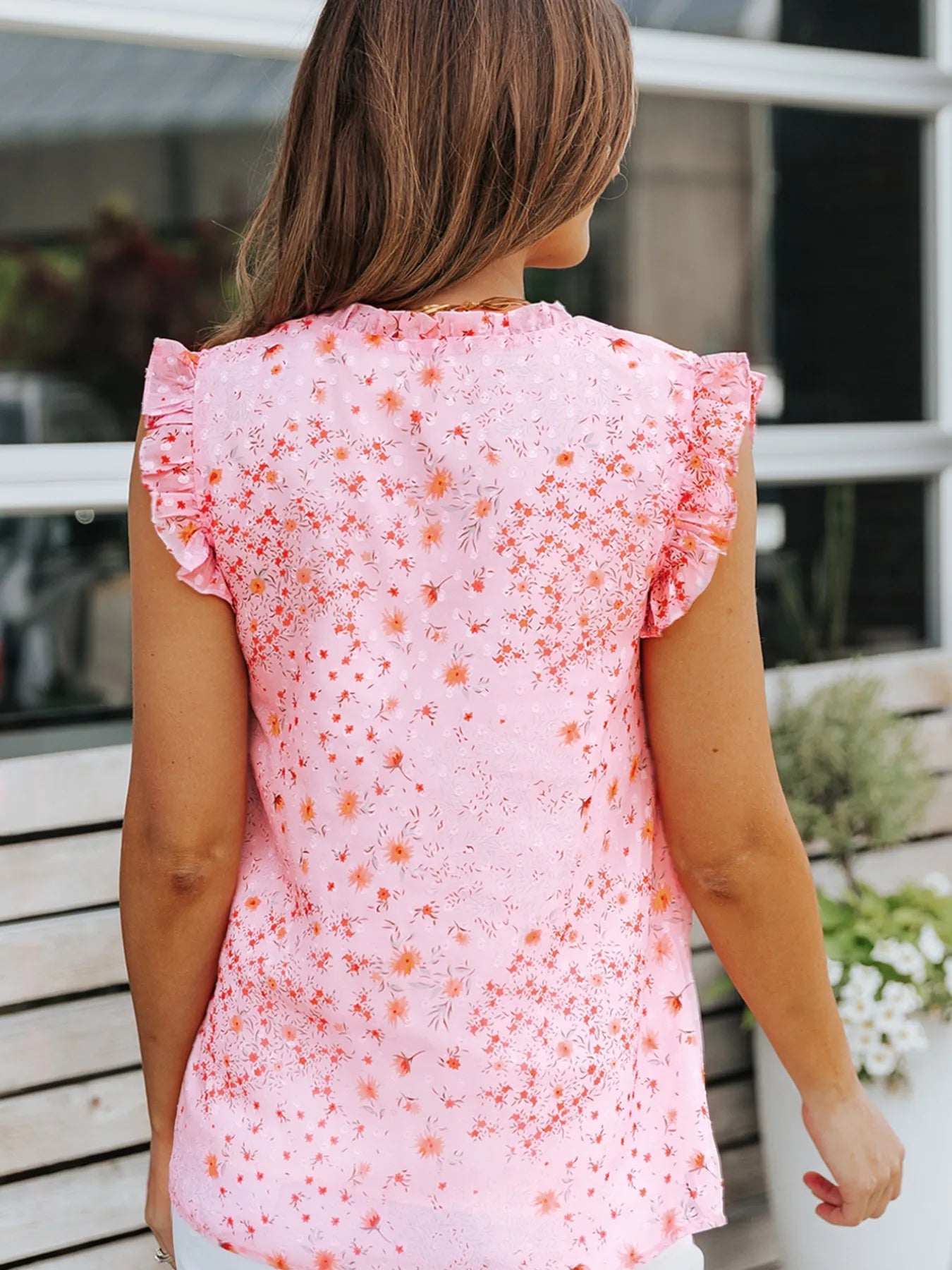 Floral Ruffle Tie Neck Sleeveless Blouse