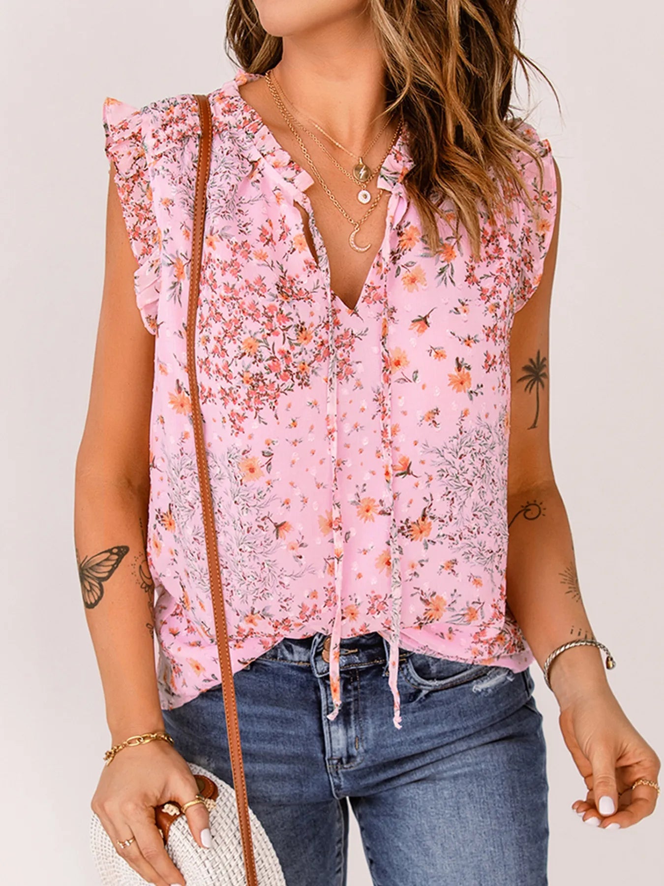 Floral Ruffle Tie Neck Sleeveless Blouse