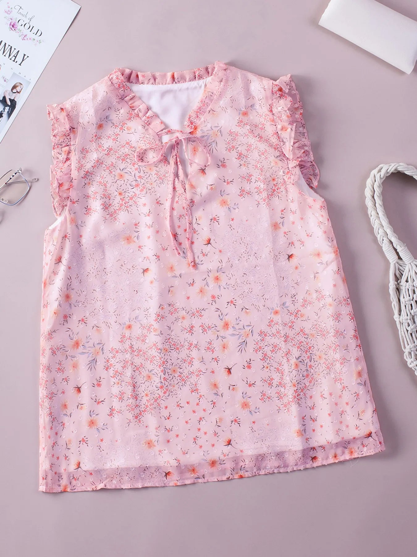 Floral Ruffle Tie Neck Sleeveless Blouse