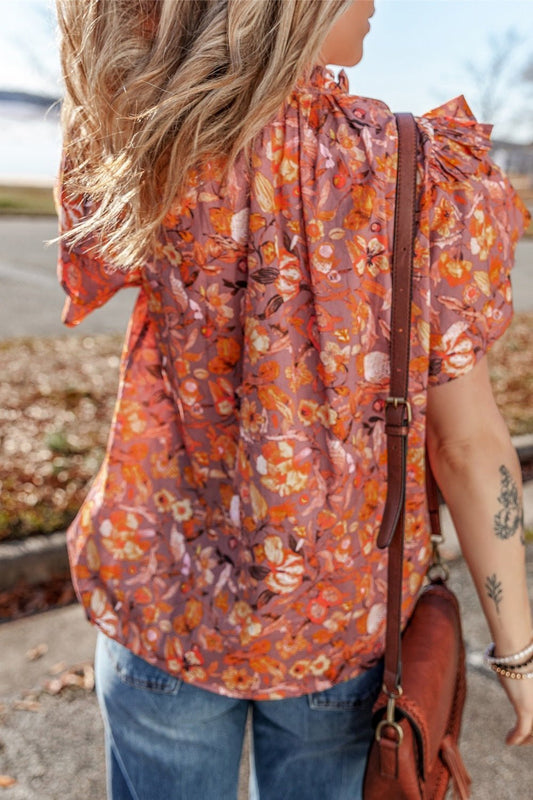 Floral Ruffled Layered Short Sleeve Tie Neck Blouse