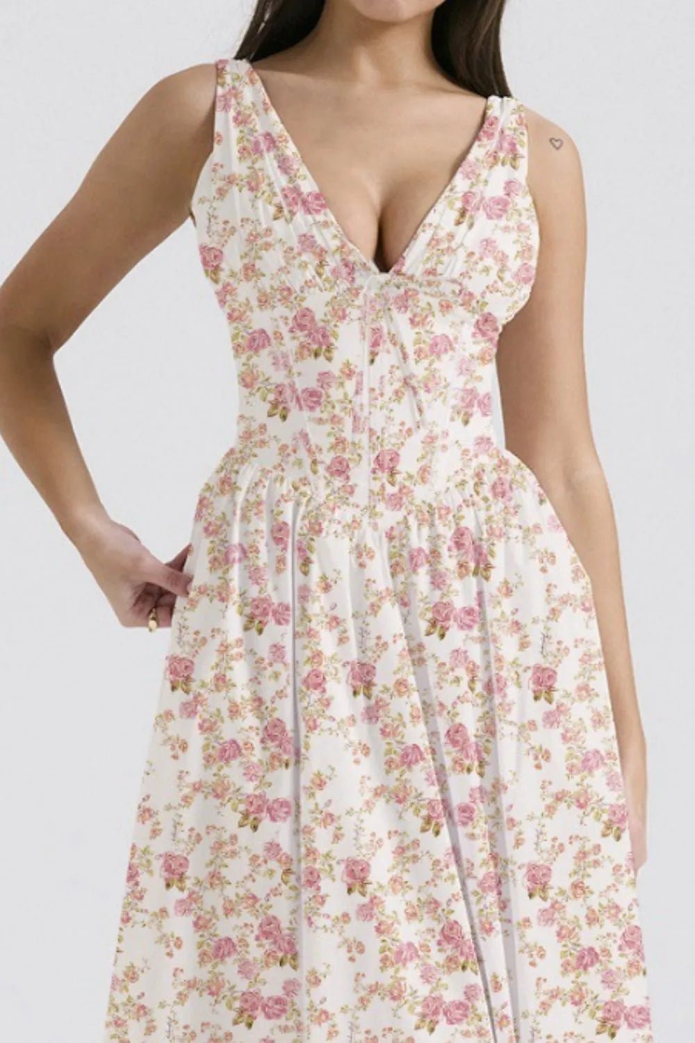 Floral V - Neck Sleeveless Midi Dress with Pockets