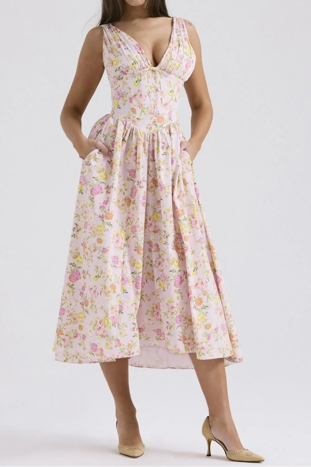 Floral V - Neck Sleeveless Midi Dress with Pockets