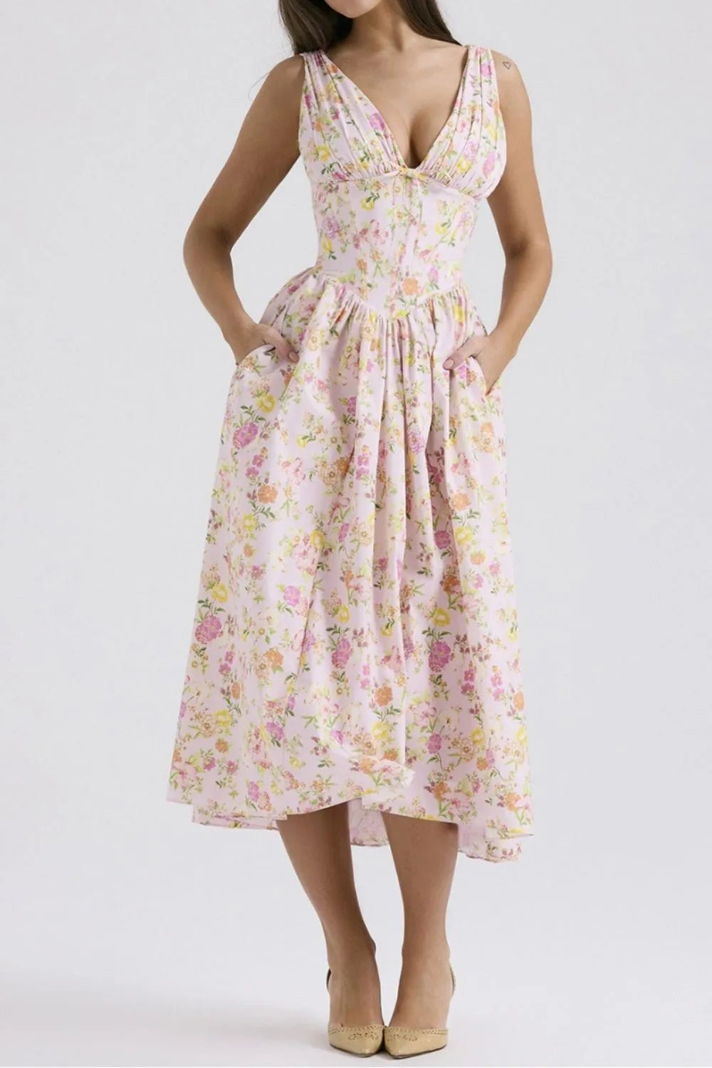 Floral V - Neck Sleeveless Midi Dress with Pockets