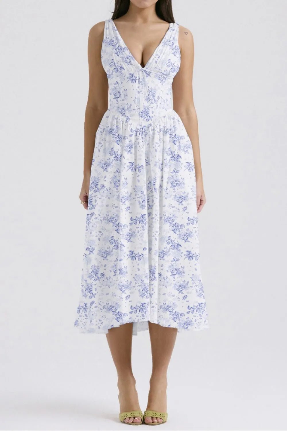 Floral V - Neck Sleeveless Midi Dress with Pockets
