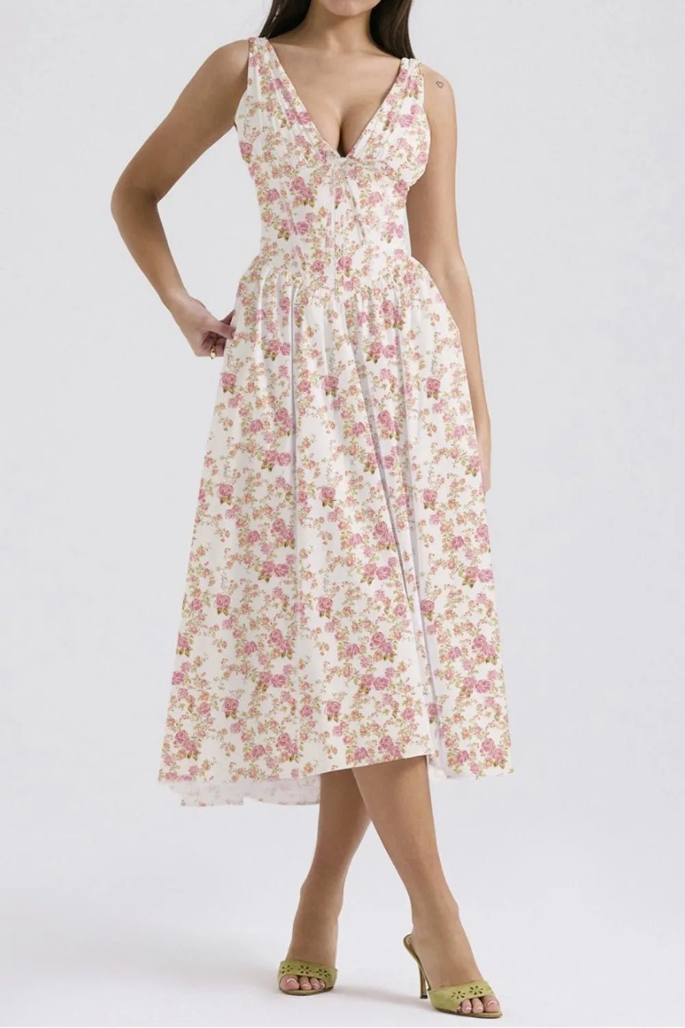 Floral V - Neck Sleeveless Midi Dress with Pockets