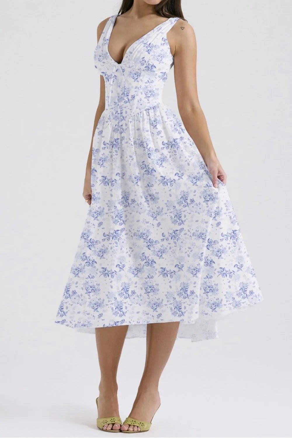 Floral V - Neck Sleeveless Midi Dress with Pockets