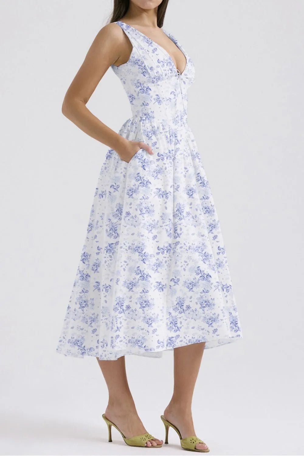 Floral V - Neck Sleeveless Midi Dress with Pockets