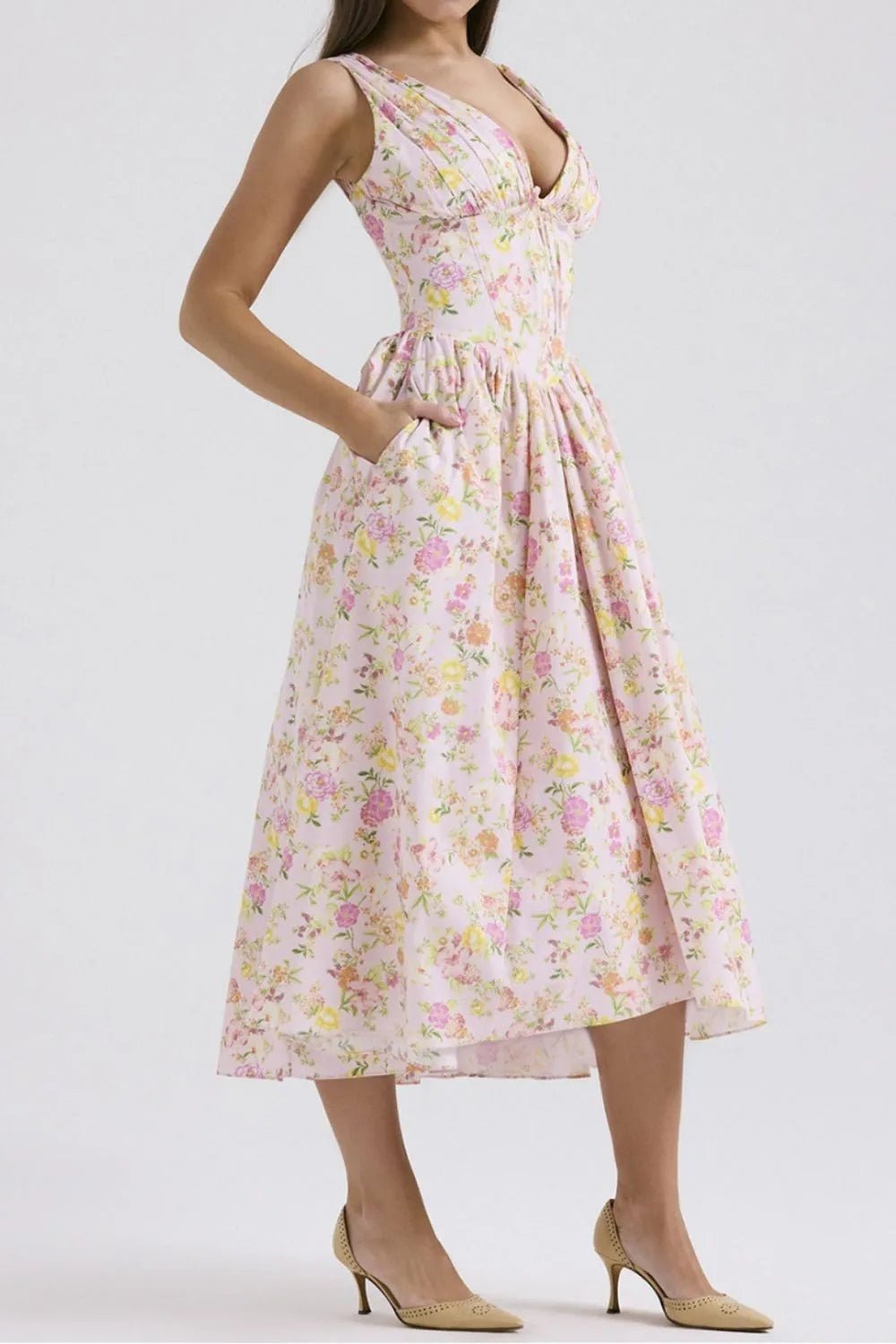 Floral V - Neck Sleeveless Midi Dress with Pockets