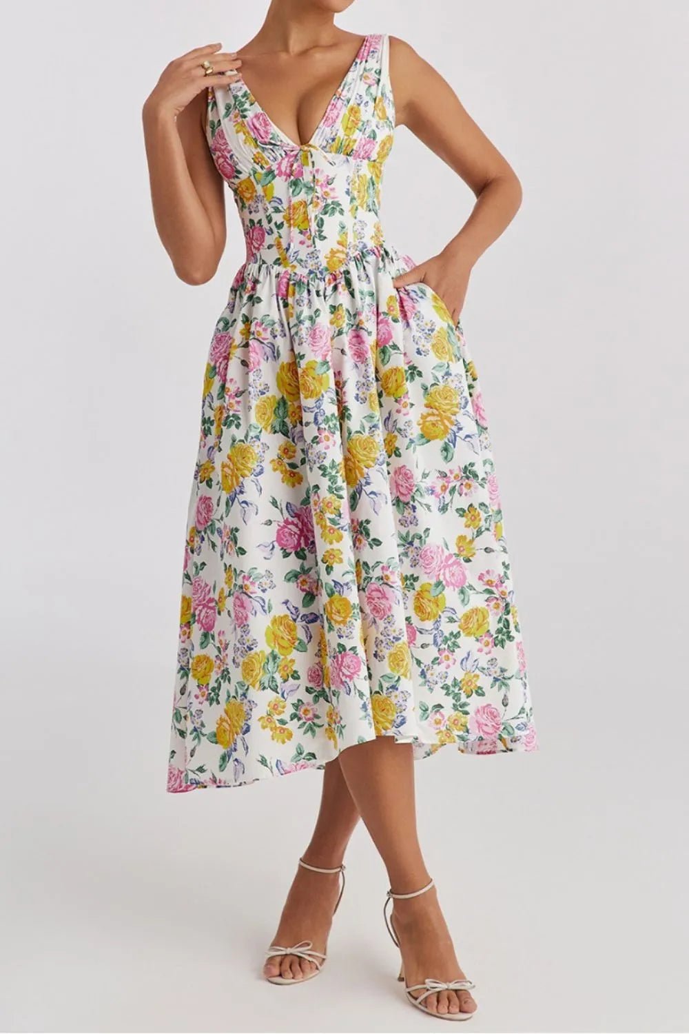Floral V - Neck Sleeveless Midi Dress with Pockets
