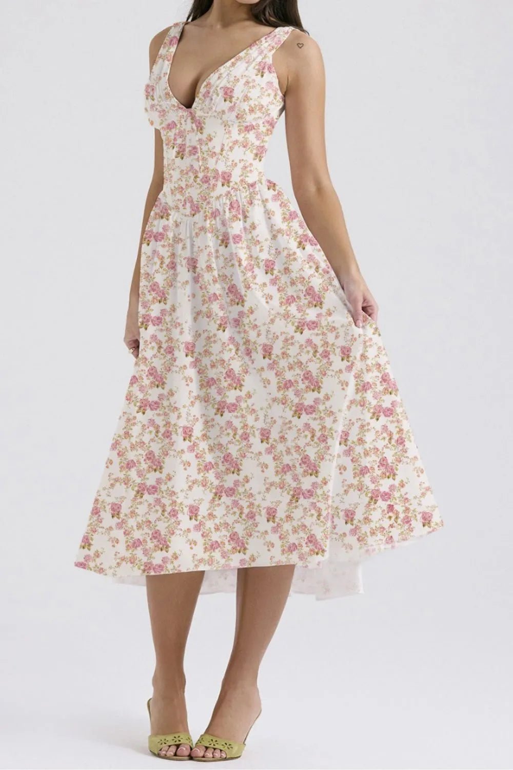 Floral V - Neck Sleeveless Midi Dress with Pockets