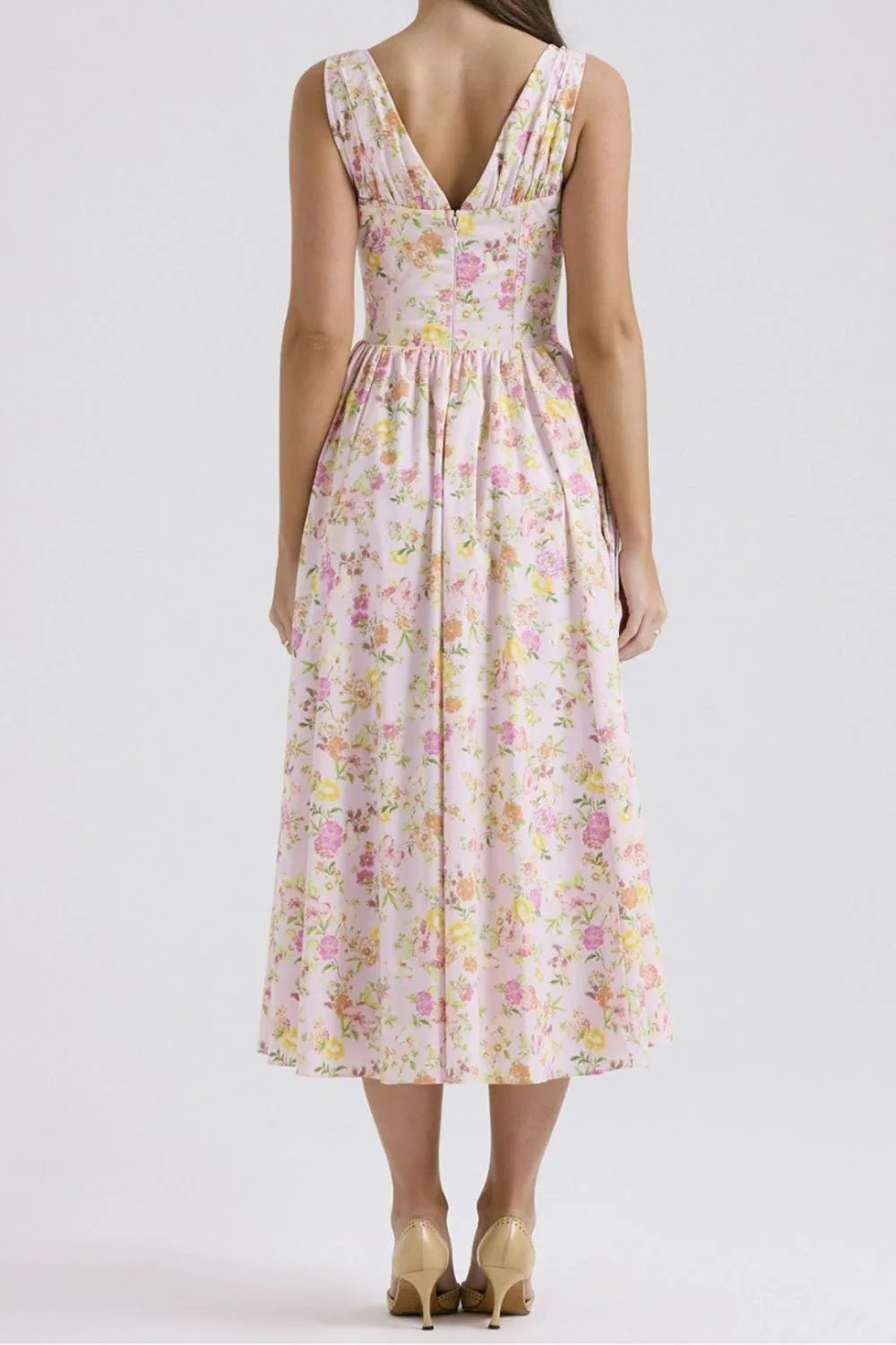 Floral V - Neck Sleeveless Midi Dress with Pockets