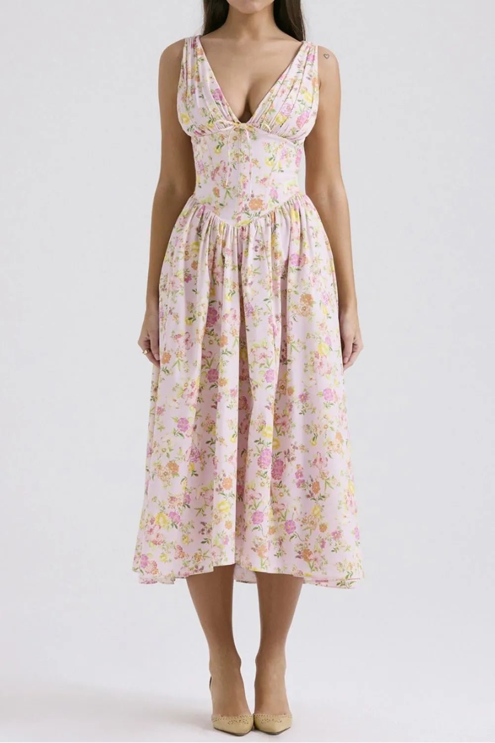Floral V - Neck Sleeveless Midi Dress with Pockets